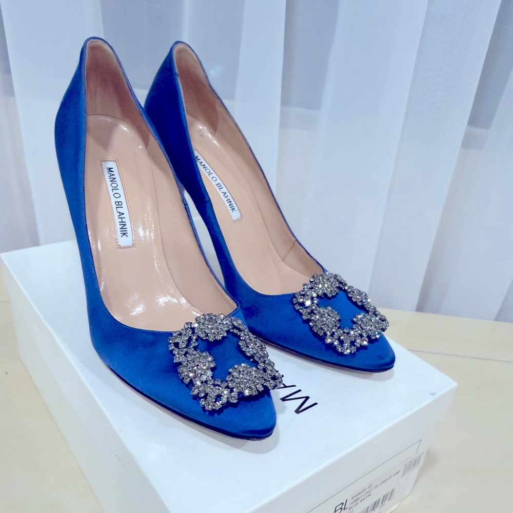 Manolo Blahnik Blue Satin Buckle Pumps